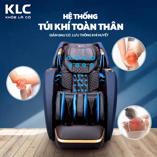 Với hệ thống túi khí được phân bổ ở 6 vị trí chính trên cơ thể: vai, eo, hông, tay, bắp chân, bàn chân phối hợp cùng con lăn nhịp nhàng xoa bóp đều khắp cơ thể