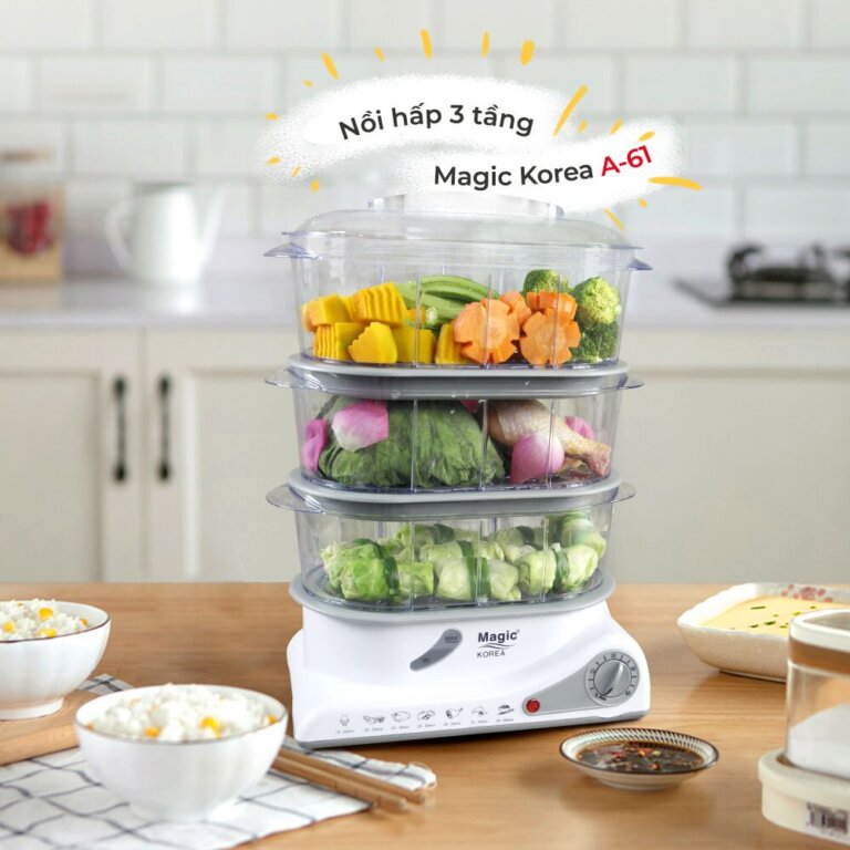 Nồi hấp điện 3 tầng Magic Korea A61 850W 6 Noi hap dien 3 tang Magic Korea A61 850W 2